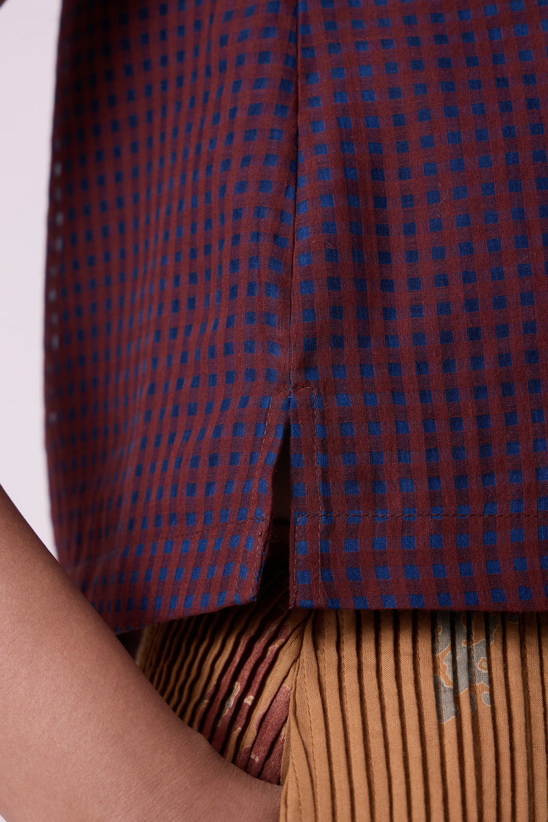 Ori Blue Checkered Handwoven Top handwoven silk cotton top/shirt by The Summer House in blue for women in Singapore