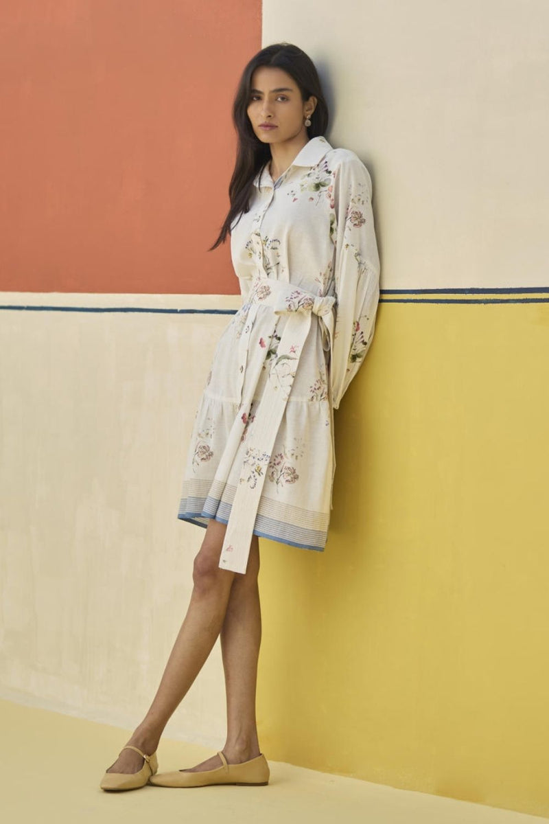 Alara Floral Shirt Dress - Ivory linen by Manan in ivory color for women in Singapore