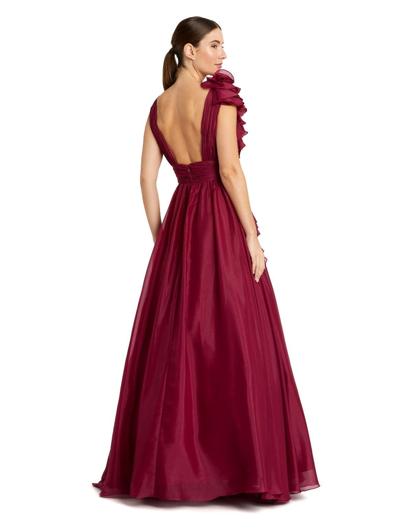 48856-Burgundy Ruffle Shoulder V-Neck Chiffon Gown chiffon by Mac Duggal for women in Singapore