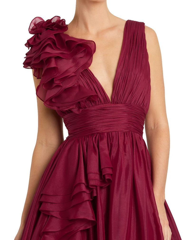48856-Burgundy Ruffle Shoulder V-Neck Chiffon Gown chiffon by Mac Duggal for women in Singapore