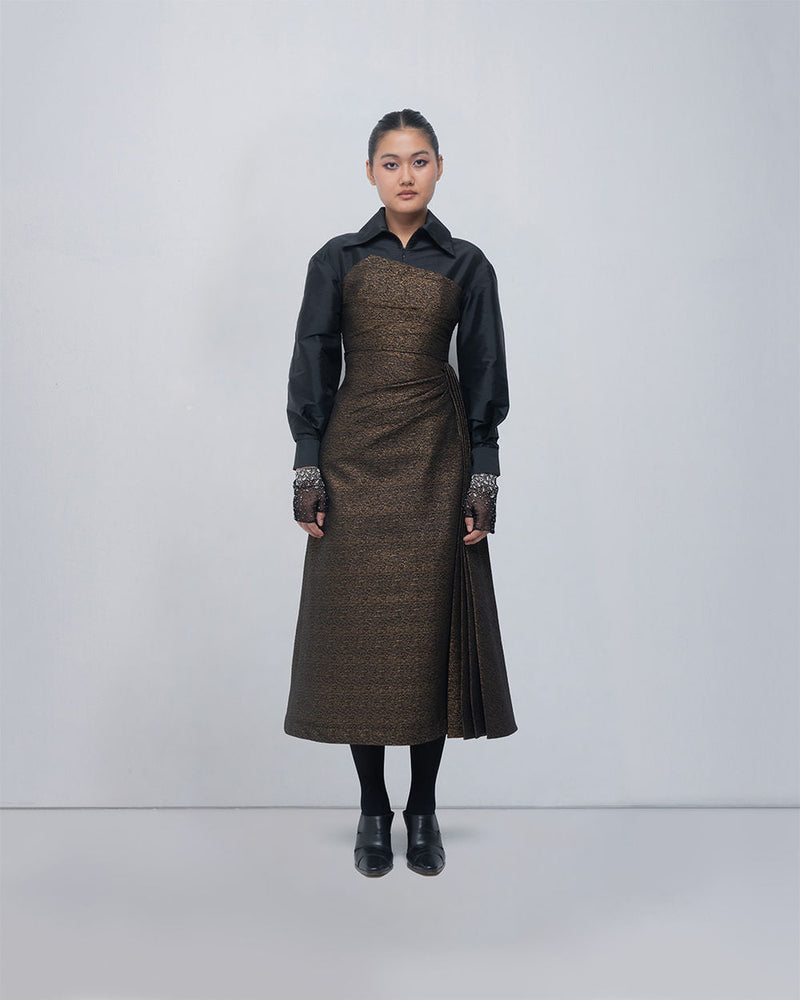 Maey Draped Dress viscose by Leh Studios in gold, black for women in Singapore