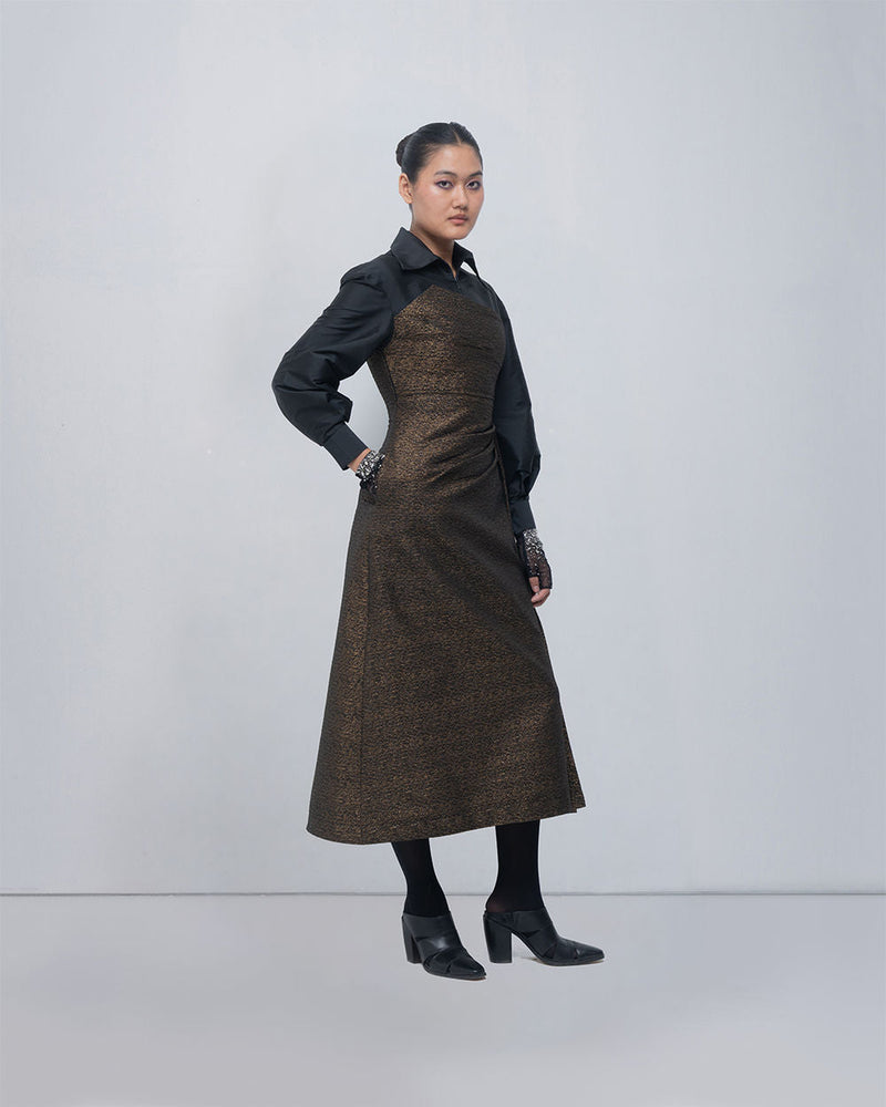 Maey Draped Dress viscose by Leh Studios in gold, black for women in Singapore