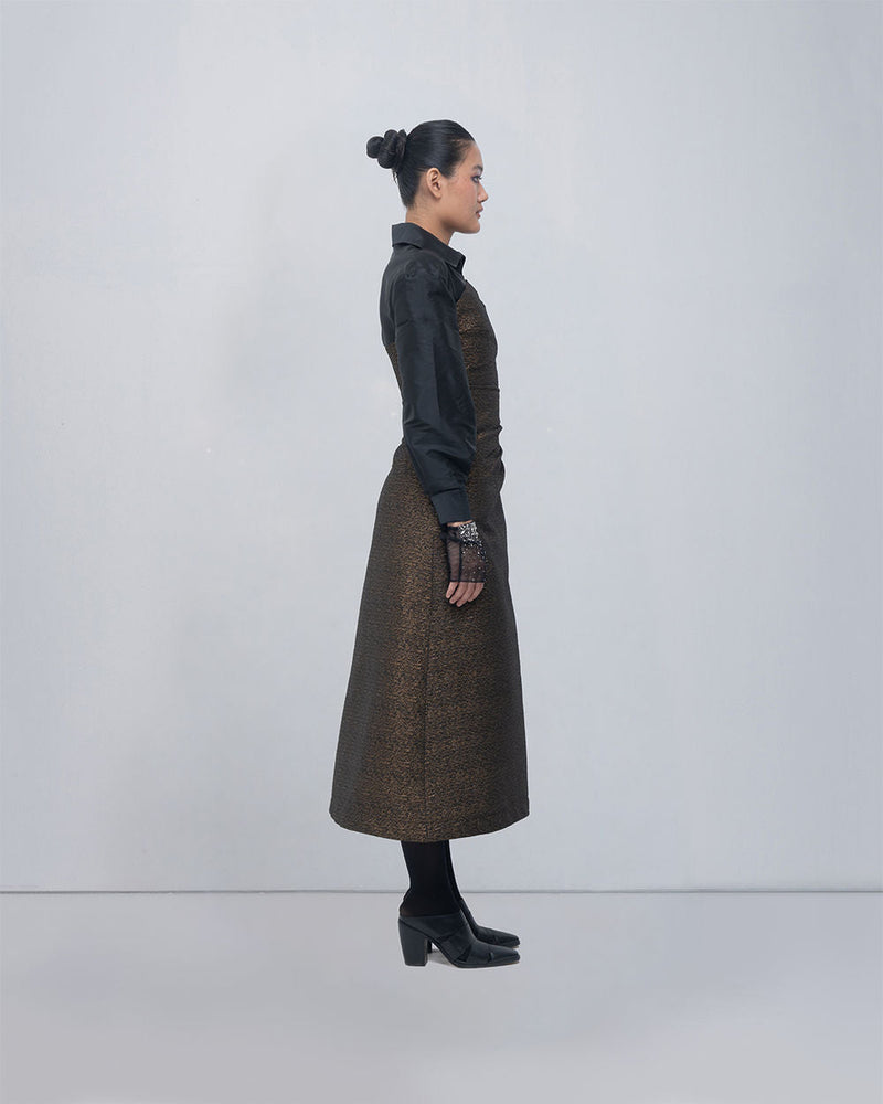Maey Draped Dress viscose by Leh Studios in gold, black for women in Singapore