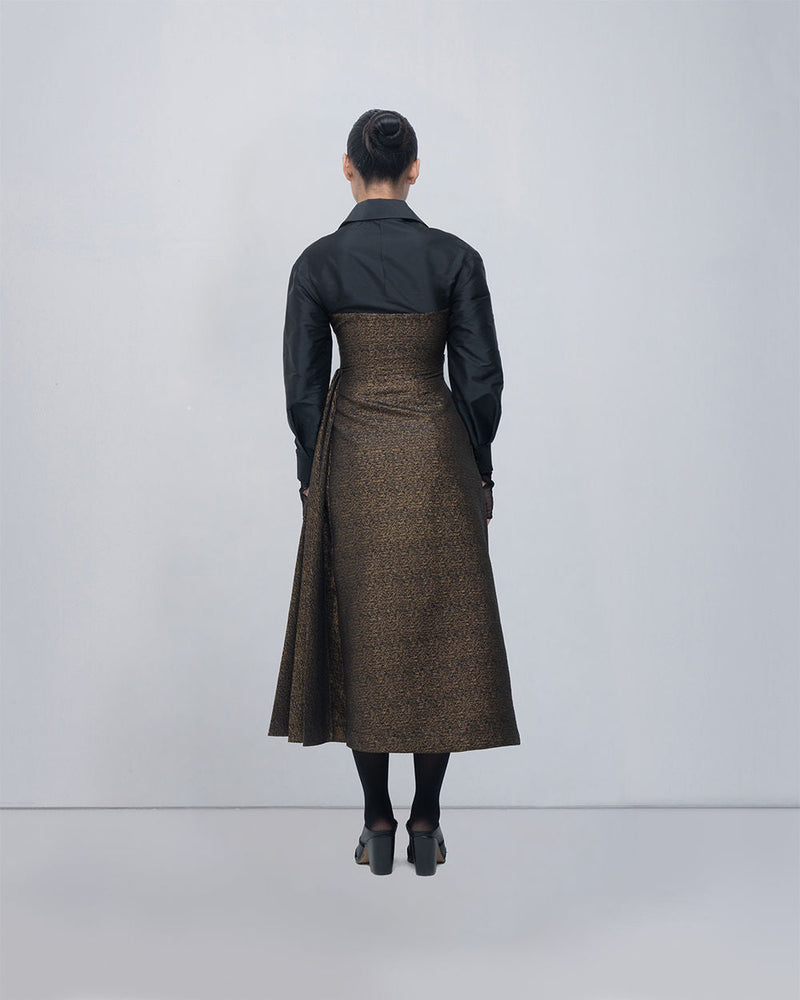 Maey Draped Dress viscose by Leh Studios in gold, black for women in Singapore