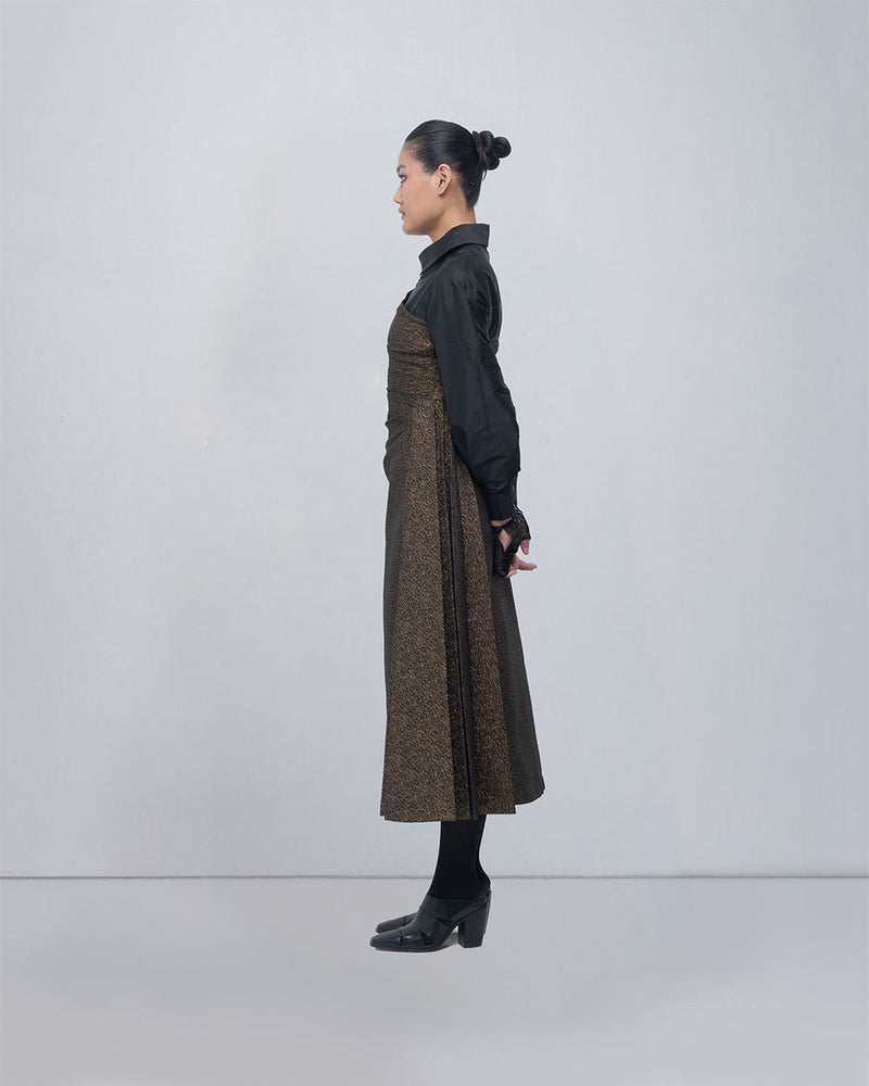 Maey Draped Dress viscose by Leh Studios in gold, black for women in Singapore
