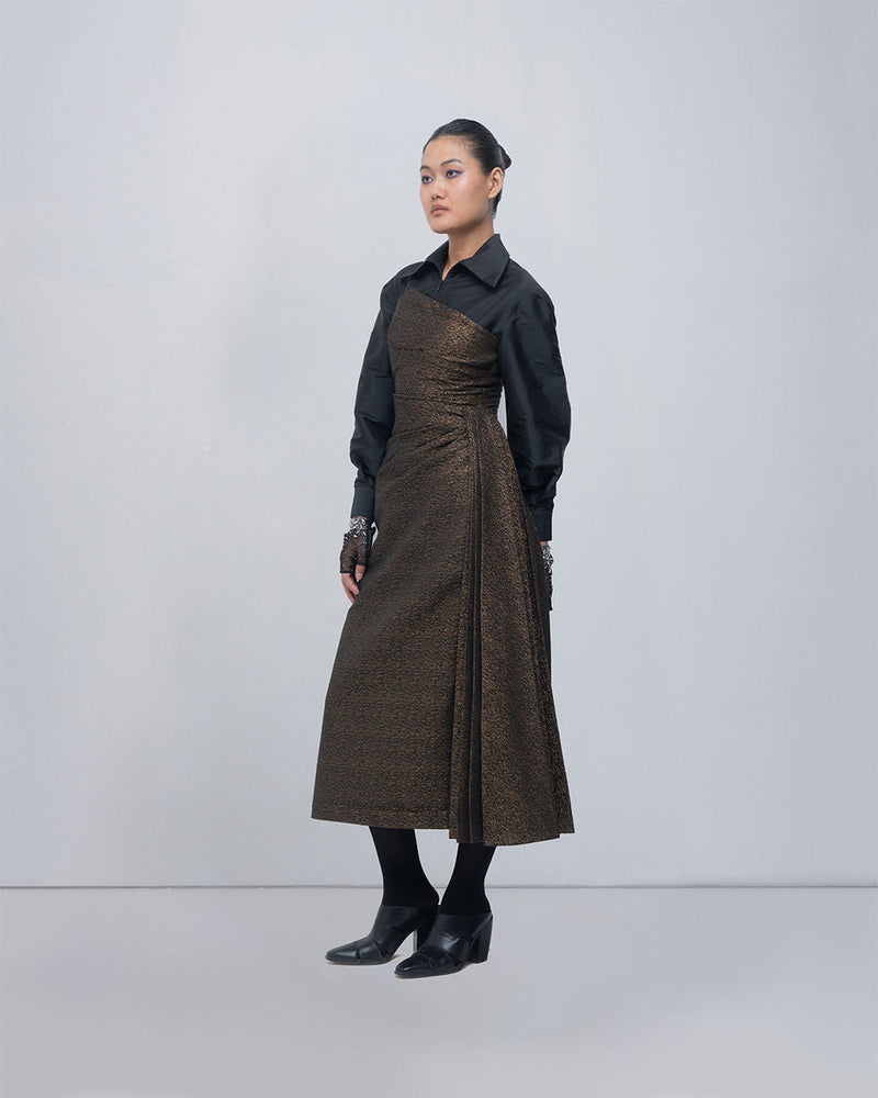 Maey Draped Dress viscose by Leh Studios in gold, black for women in Singapore