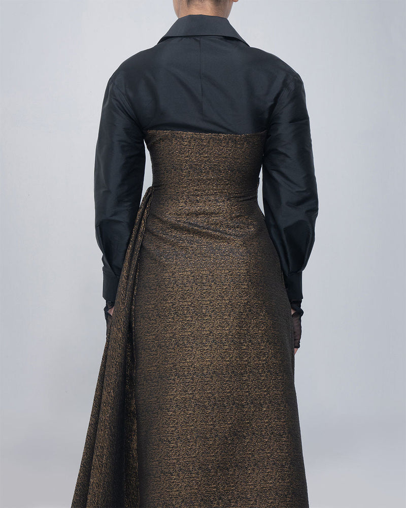 Maey Draped Dress viscose by Leh Studios in gold, black for women in Singapore