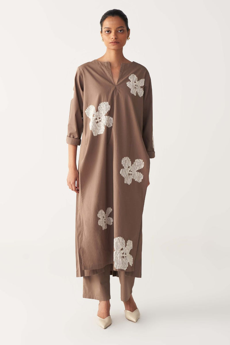 FLORAL EMB. BACK PLEAT TUNIC-CEDAR poplin by THREE for women in Singapore