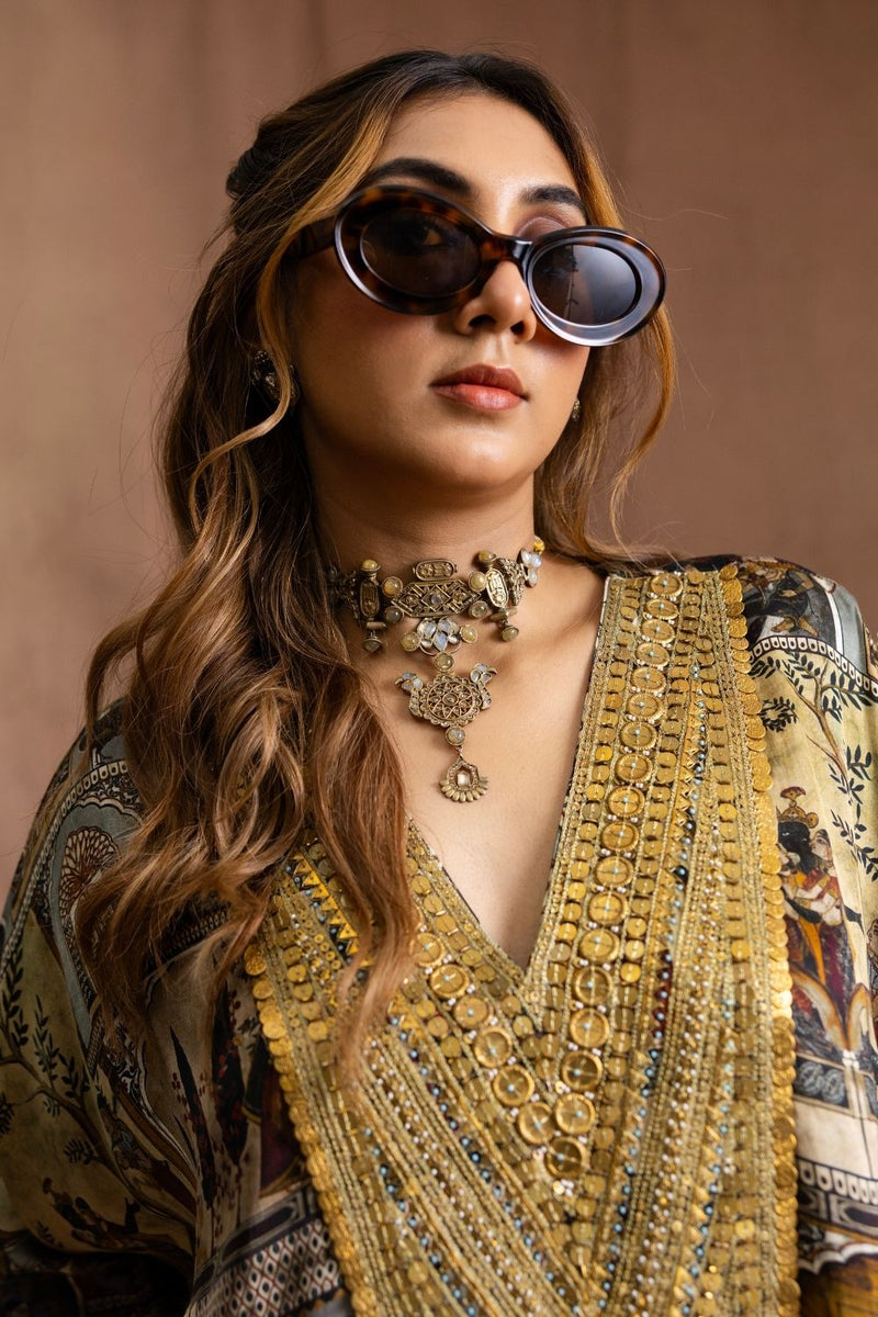 Cape Tunic & Knot Skirt-Moghul Miniature Modal Satin Silk Kurta Set Sabo by Sabina — Canvas & Weaves Singapore