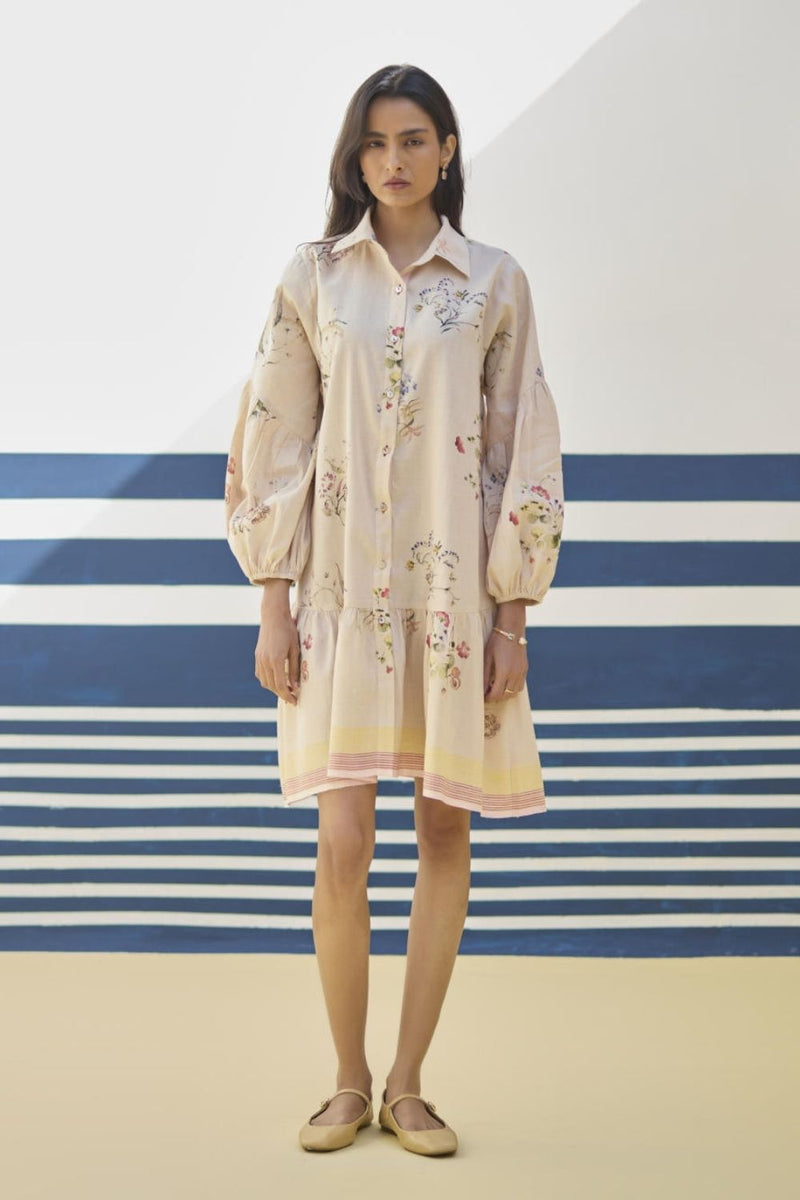 Alara Floral Shirt Dress - Sand linen by Manan in natural color for women in Singapore