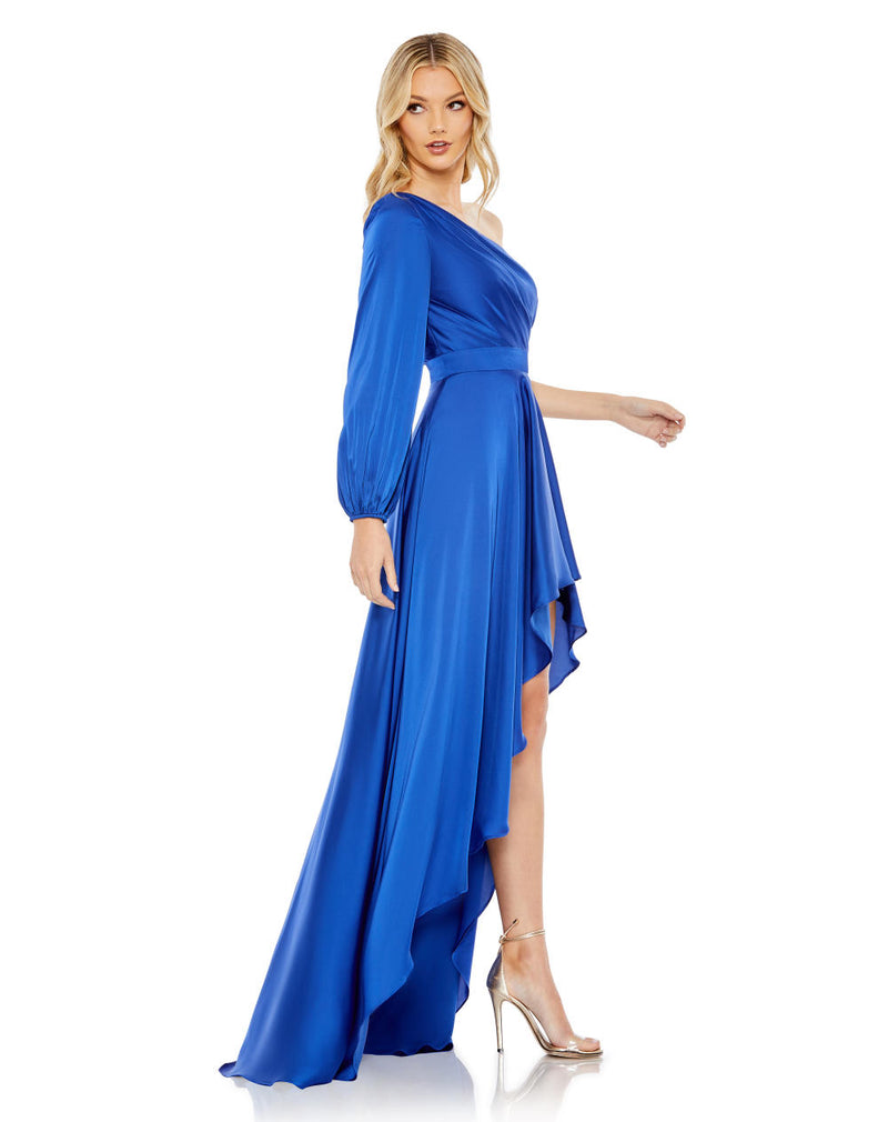 MD-49141 One Shoulder Asymmetric Dress-Blue satin by Mac Duggal in blue color for women in Singapore