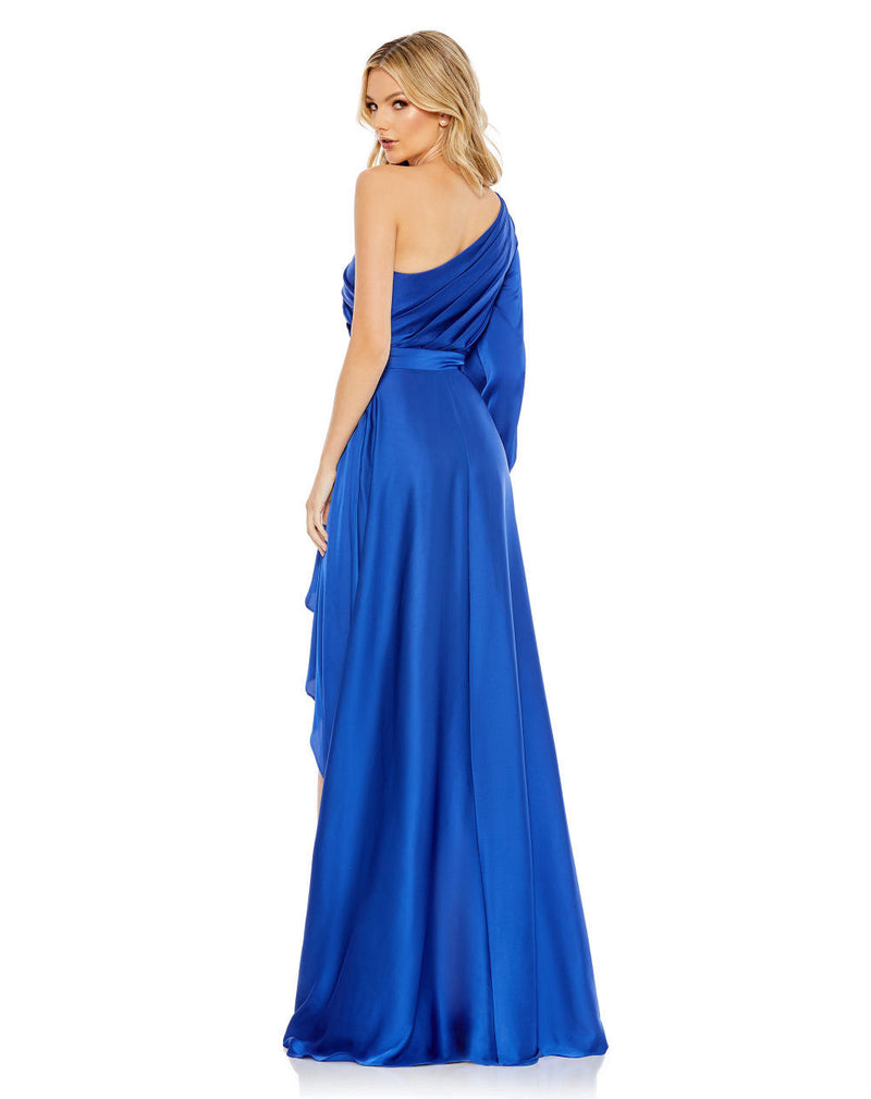 MD-49141 One Shoulder Asymmetric Dress-Blue satin by Mac Duggal in blue color for women in Singapore