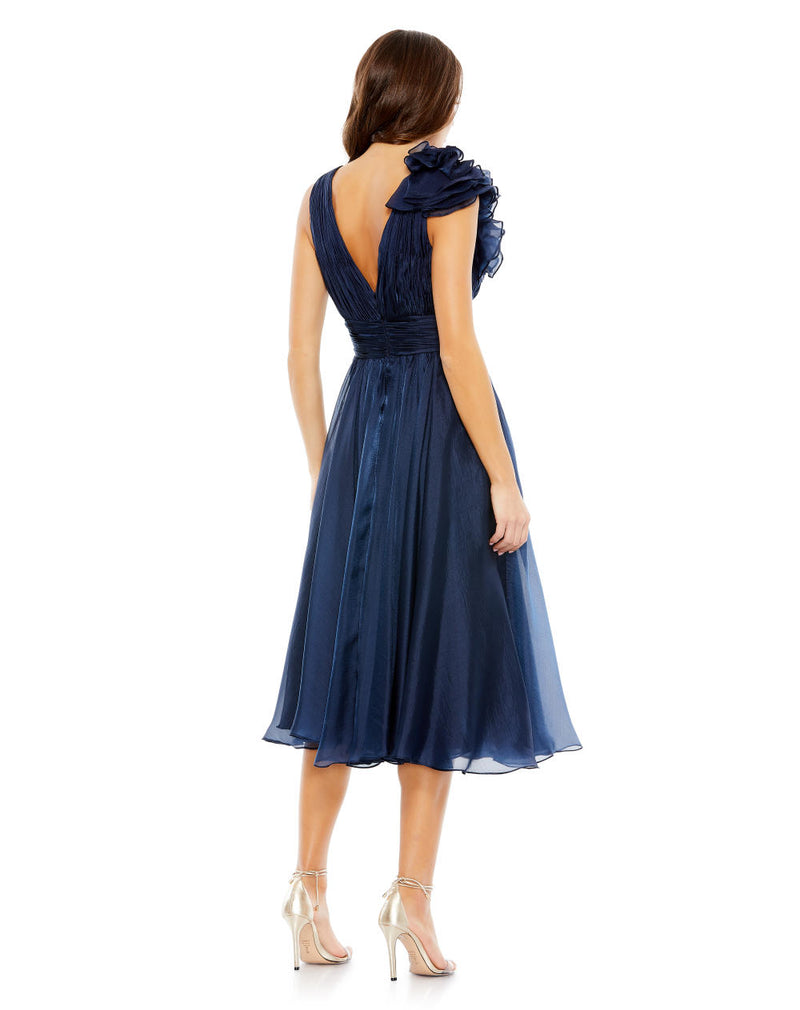 MD-49494 V Neck Midi Dress-Blue chiffon by Mac Duggal in blue color for women in Singapore