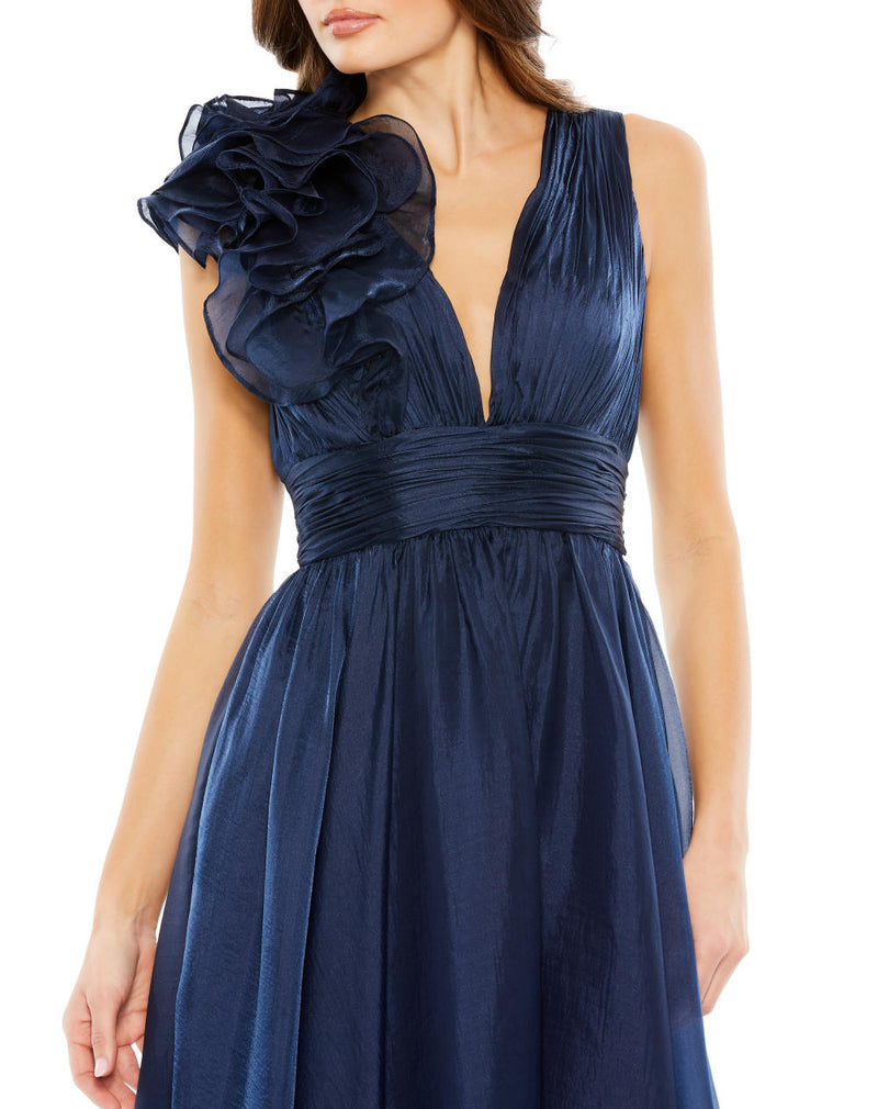 MD-49494 V Neck Midi Dress-Blue chiffon by Mac Duggal in blue color for women in Singapore