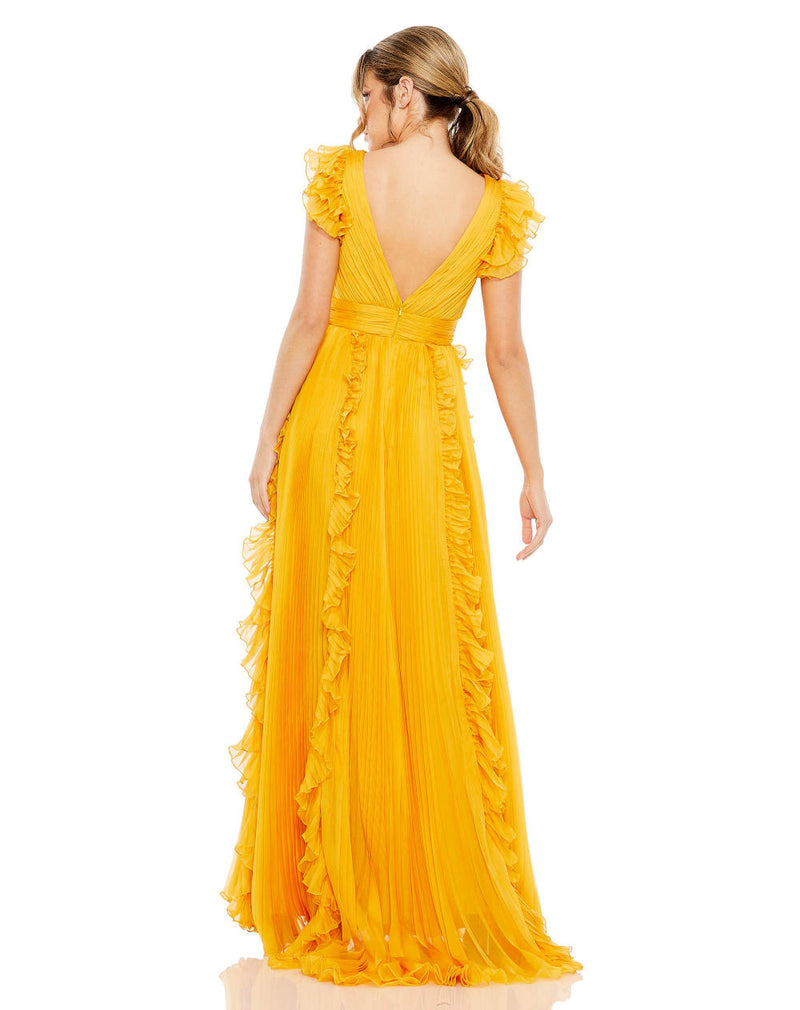 MD-49539 Frilled Long Dress-Yellow chiffon by Mac Duggal in yellow color for women in Singapore