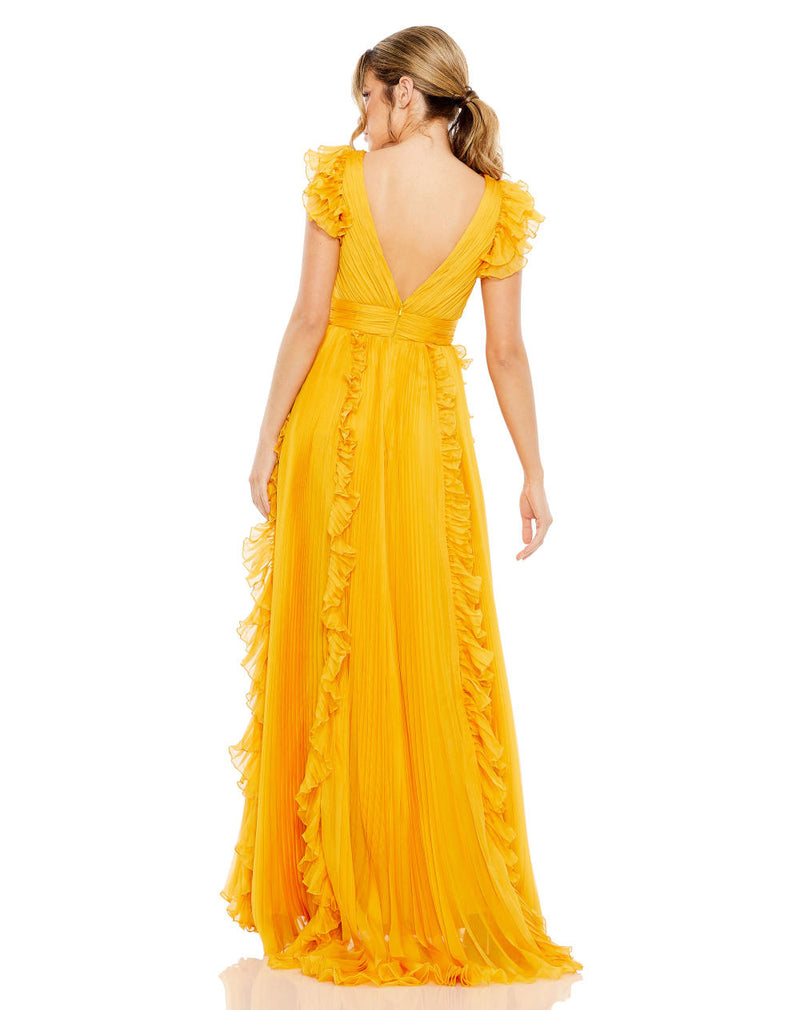 MD-49539 Frilled Long Dress-Yellow chiffon by Mac Duggal in yellow color for women in Singapore