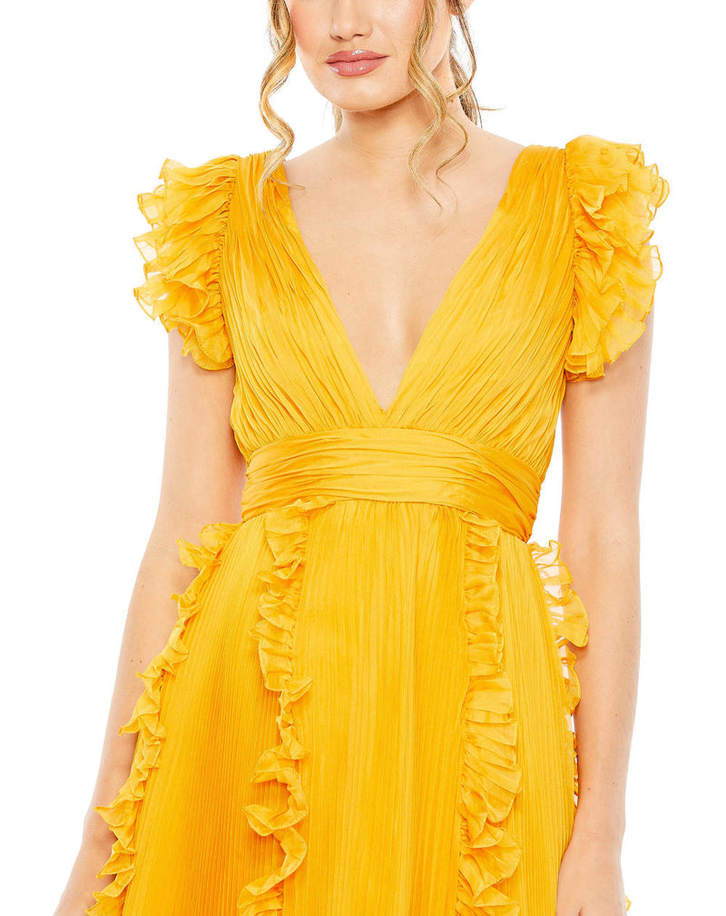 MD-49539 Frilled Long Dress-Yellow chiffon by Mac Duggal in yellow color for women in Singapore