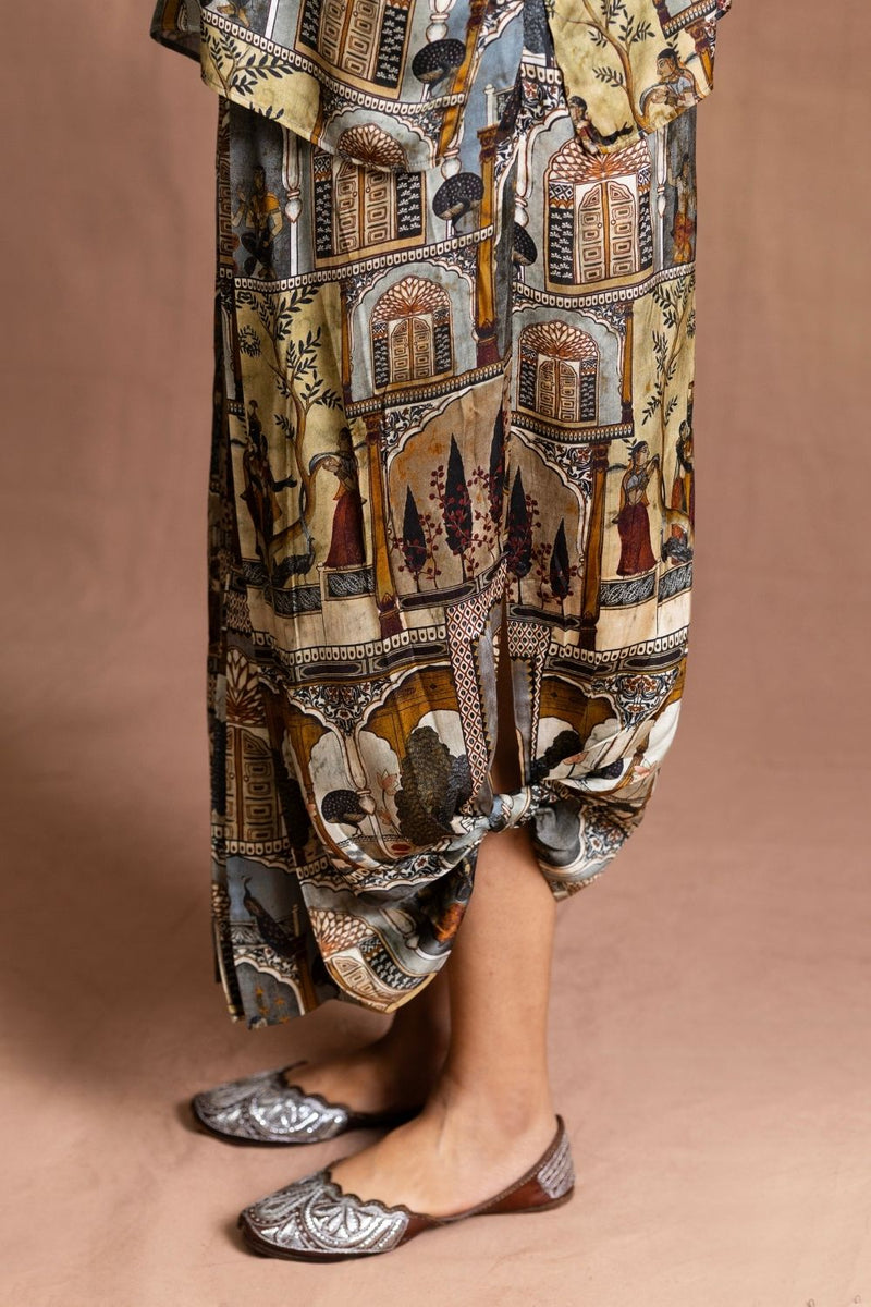 Cape Tunic & Knot Skirt-Moghul Miniature Modal Satin Silk Kurta Set Sabo by Sabina — Canvas & Weaves Singapore