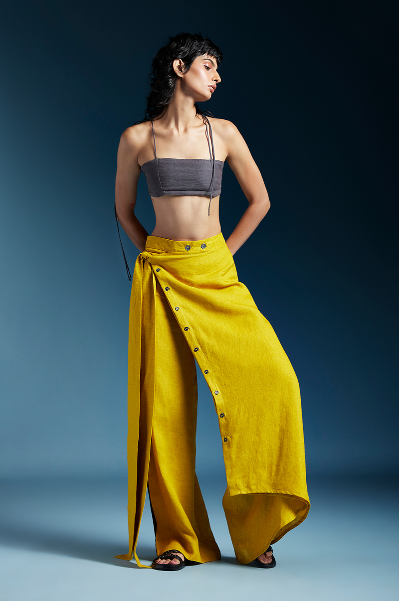 Elle Trousers-Mustard linen by Chola in mustard color for women in Singapore