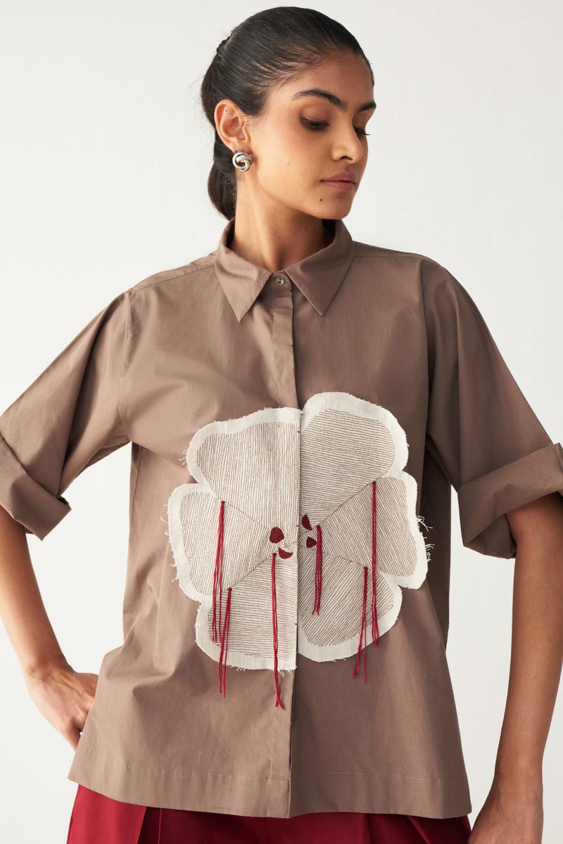 FLORAL FRINGE SHIRT-CEDAR poplin by THREE for women in Singapore