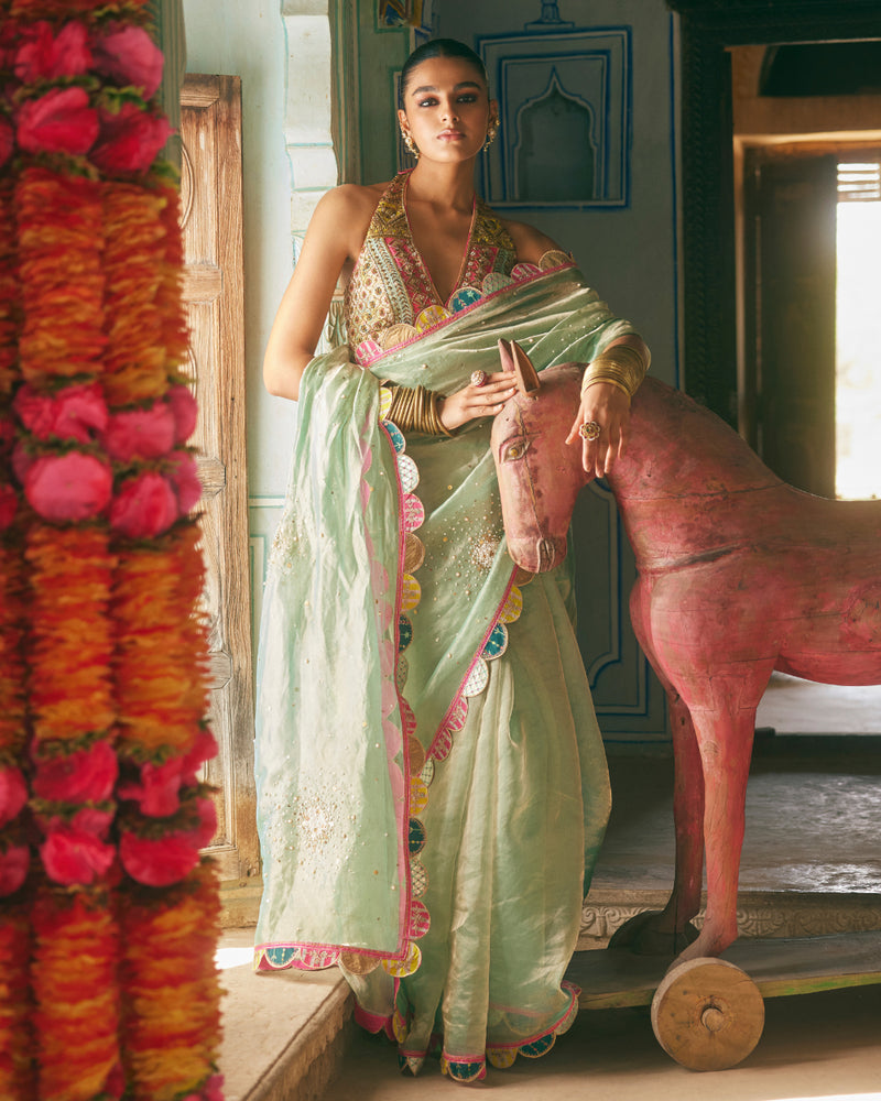 Khel Powder Blue Pearl Sprinkle Tissue Saree organza by Rajiramniq in blue color for women in Singapore