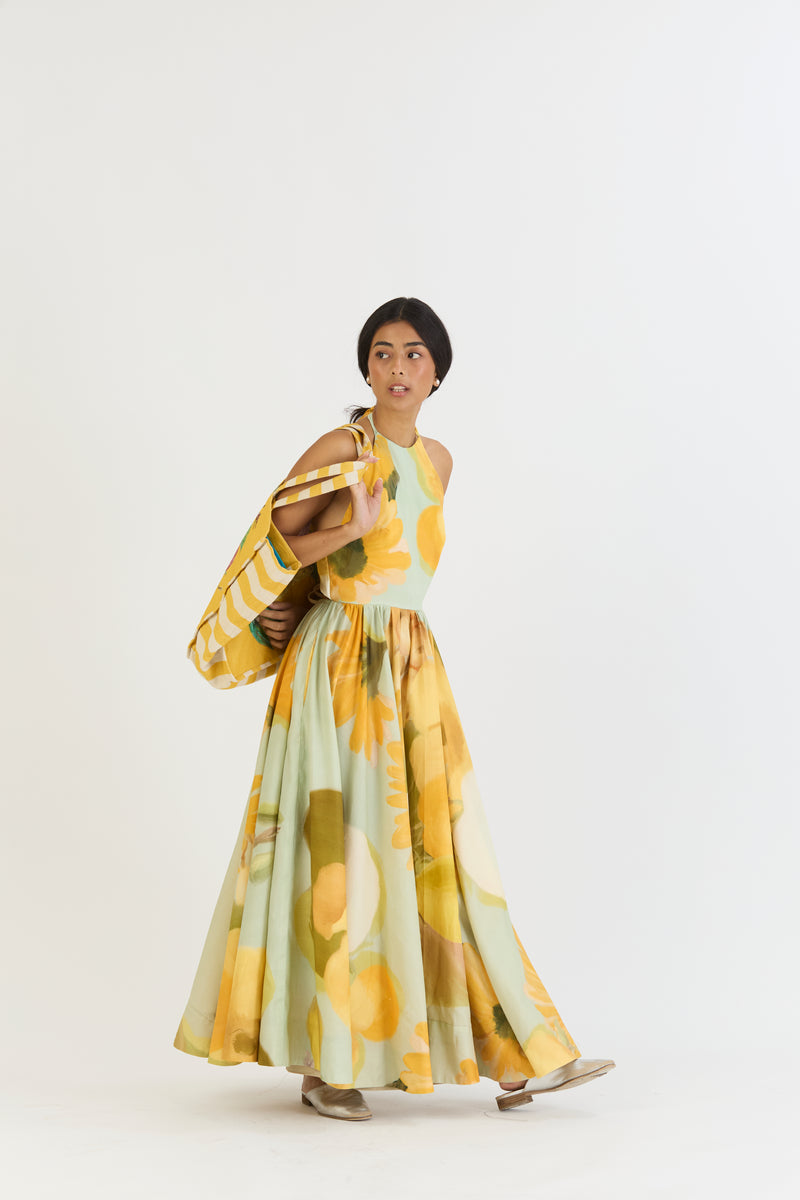 LEMONADE HALTER NECK DRESS satin by Yam in yellow color for women in Singapore