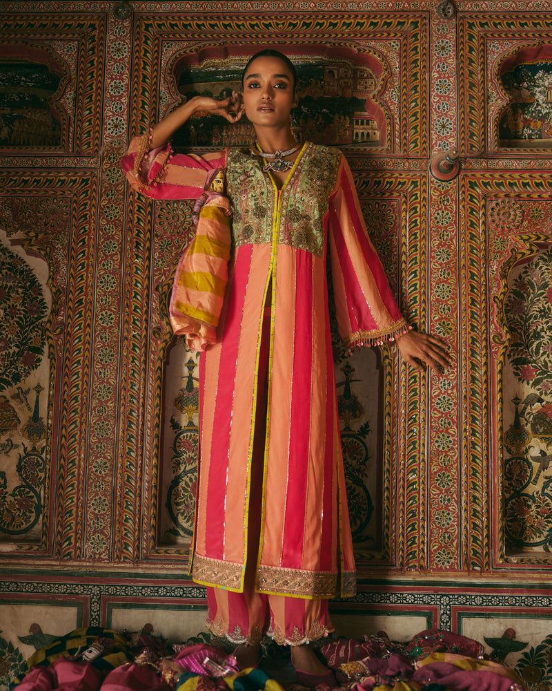 Khel Pink and Nude Yokr Embellished Jacket Kurta Set mul by Rajiramniq in multi color for women in Singapore