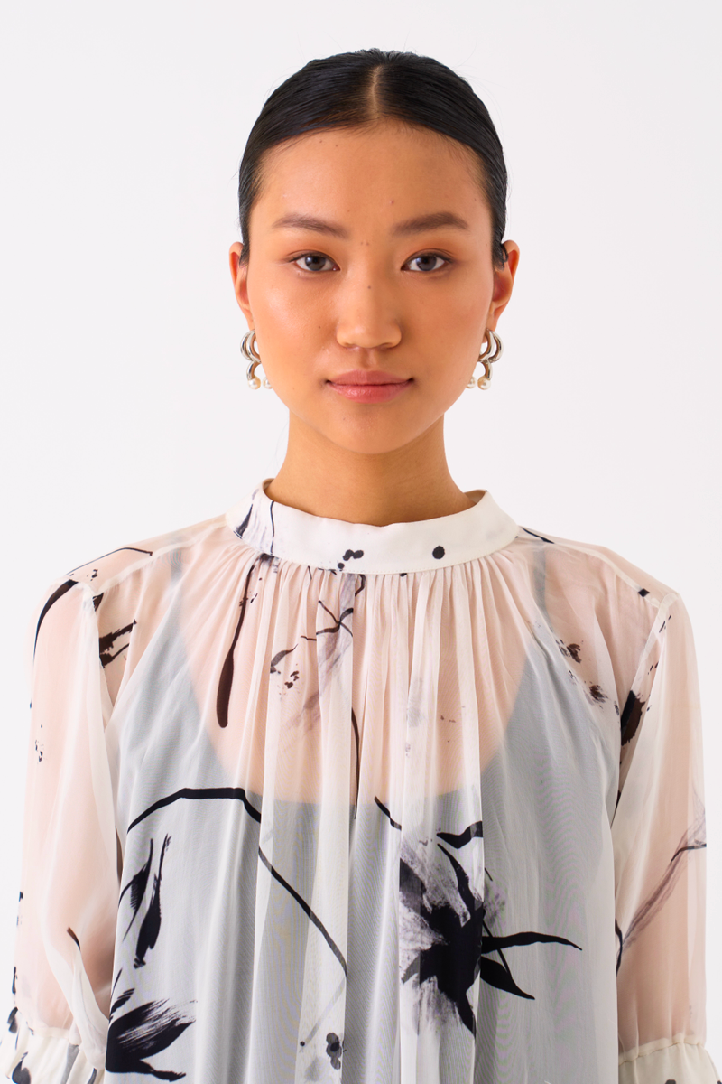 SHEER BOTTOM FRILL DRESS
-BLACK/WHITE organza by THREE in black color for women in Singapore