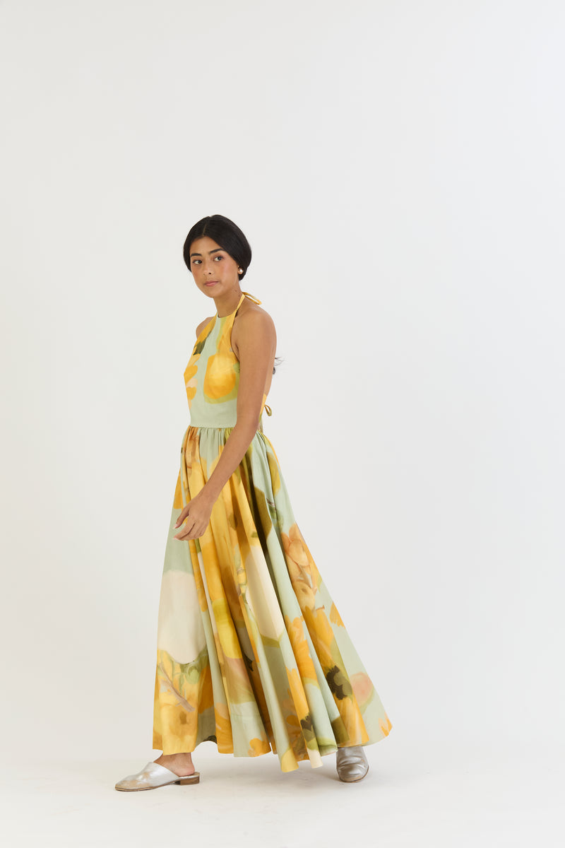 LEMONADE HALTER NECK DRESS satin by Yam in yellow color for women in Singapore