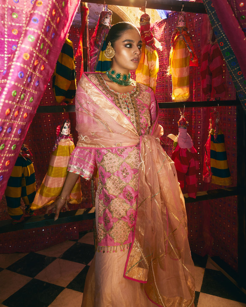 Khel Hot Pink Gharara Set silk by Rajiramniq in multi color for women in Singapore