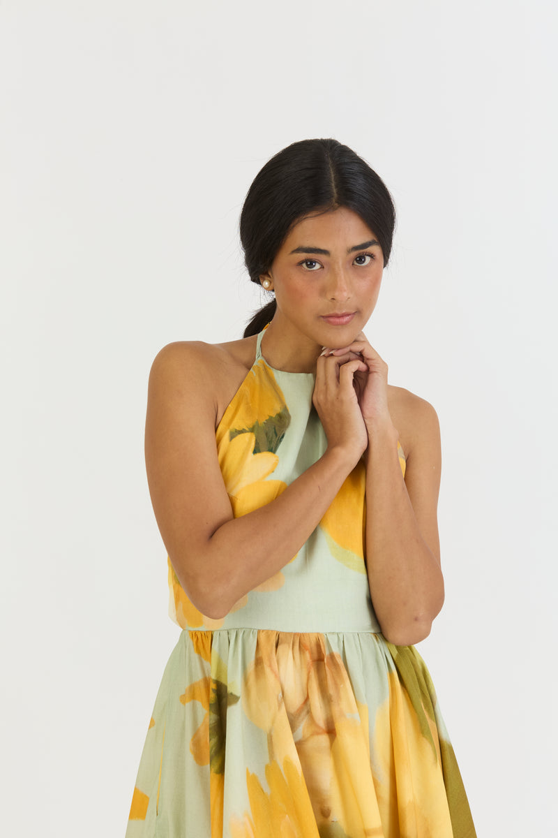 LEMONADE HALTER NECK DRESS satin by Yam in yellow color for women in Singapore