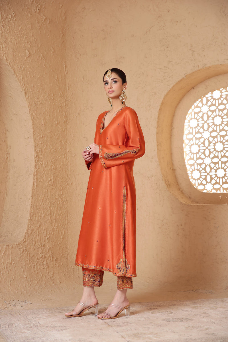 Mehrang Orange Applique Kurta Set silk chanderi , silk tencel kurta/kurta set by Niti Bothra in orange for women in Singapore