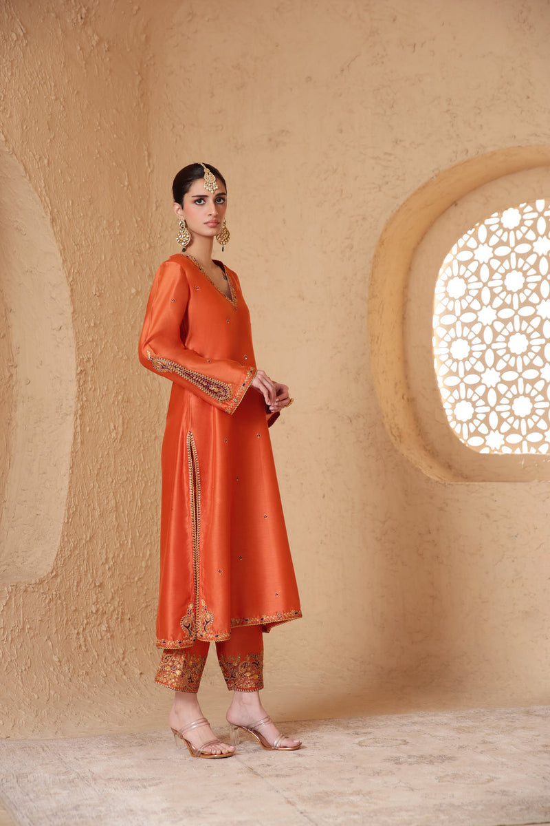Mehrang Orange Applique Kurta Set silk chanderi , silk tencel kurta/kurta set by Niti Bothra in orange for women in Singapore