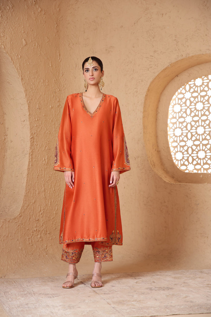 Mehrang Orange Applique Kurta Set silk chanderi , silk tencel kurta/kurta set by Niti Bothra in orange for women in Singapore