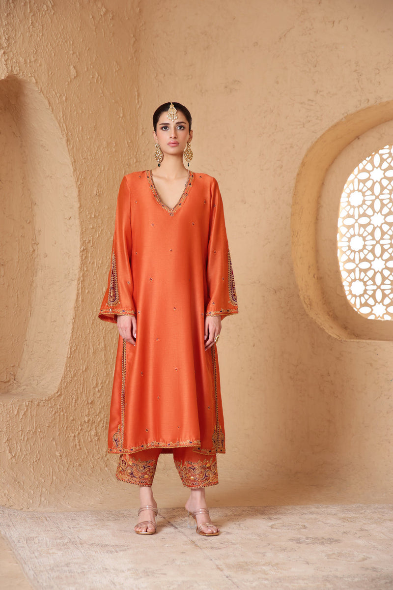 Mehrang Orange Applique Kurta Set silk chanderi , silk tencel kurta/kurta set by Niti Bothra in orange for women in Singapore