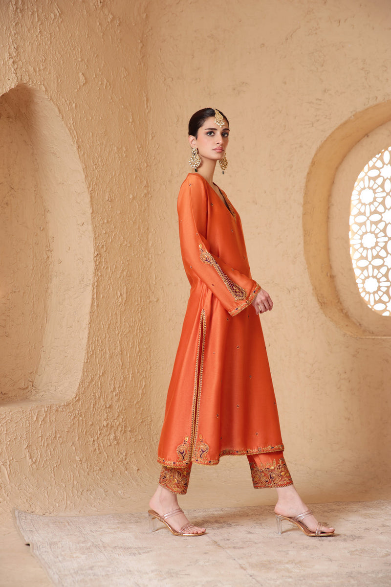 Mehrang Orange Applique Kurta Set silk chanderi , silk tencel kurta/kurta set by Niti Bothra in orange for women in Singapore