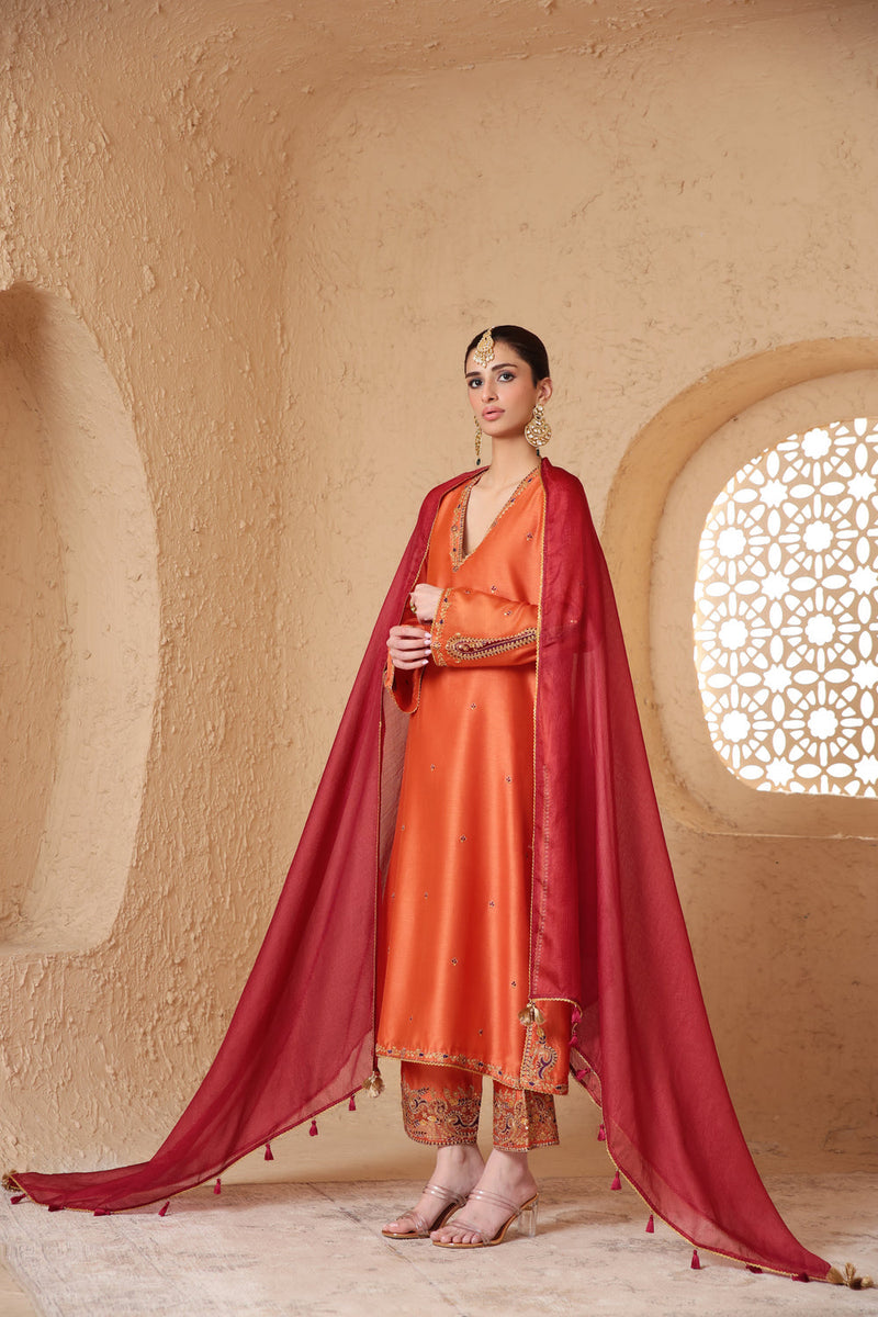 Mehrang Orange Applique Kurta Set silk chanderi , silk tencel kurta/kurta set by Niti Bothra in orange for women in Singapore