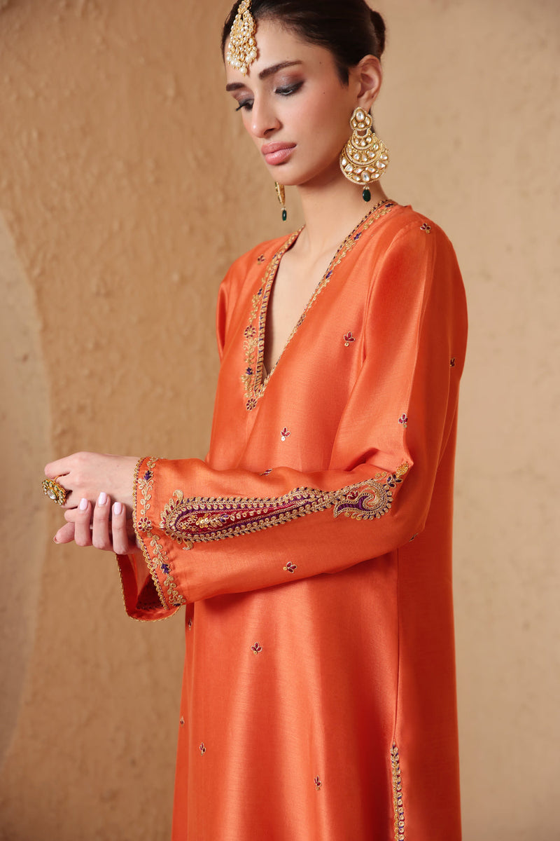 Mehrang Orange Applique Kurta Set silk chanderi , silk tencel kurta/kurta set by Niti Bothra in orange for women in Singapore