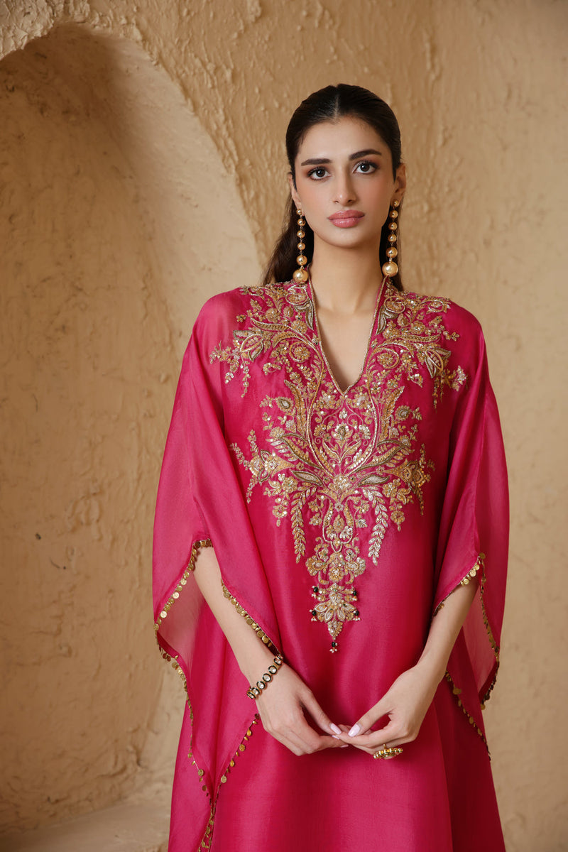 Zar-Rang Pink Heavy Kaftan Set organza kurta/kurta set by Niti Bothra in pink for women in Singapore