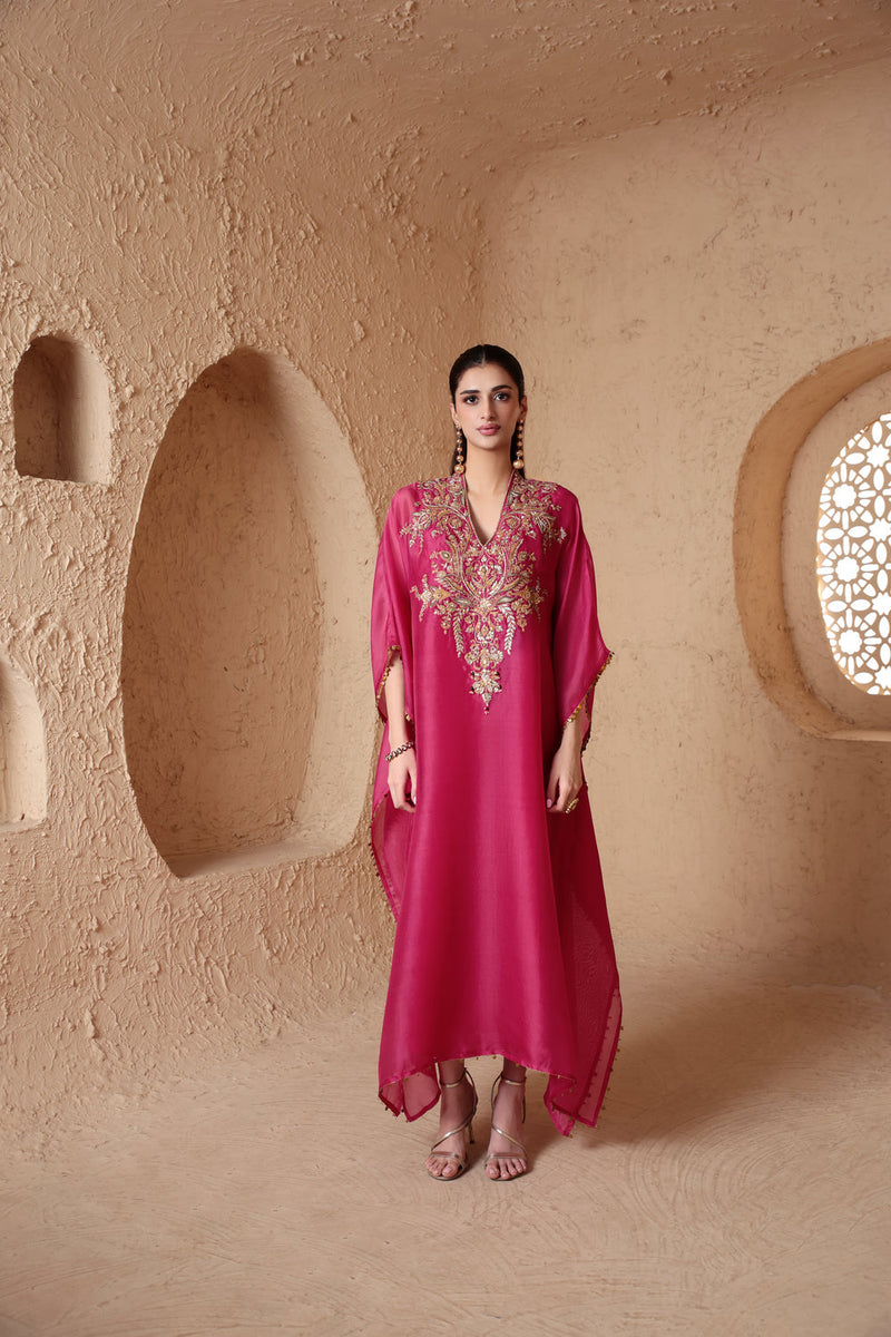 Zar-Rang Pink Heavy Kaftan Set organza kurta/kurta set by Niti Bothra in pink for women in Singapore
