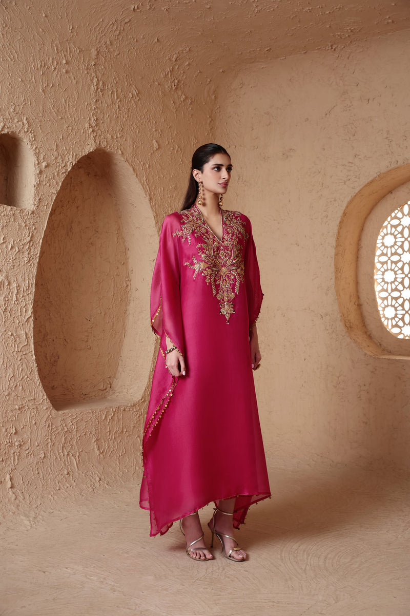Zar-Rang Pink Heavy Kaftan Set organza kurta/kurta set by Niti Bothra in pink for women in Singapore