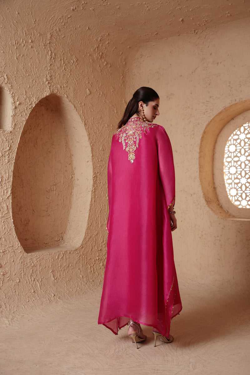 Zar-Rang Pink Heavy Kaftan Set organza kurta/kurta set by Niti Bothra in pink for women in Singapore