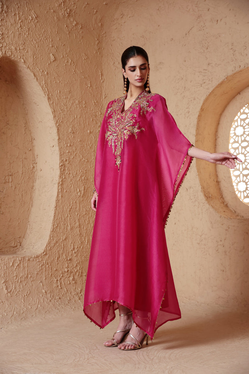 Zar-Rang Pink Heavy Kaftan Set organza kurta/kurta set by Niti Bothra in pink for women in Singapore