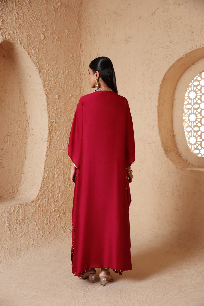 Zar-Rang Maroon V Neck Kaftan Set chiniya silk kurta/kurta set by Niti Bothra in maroon for women in Singapore