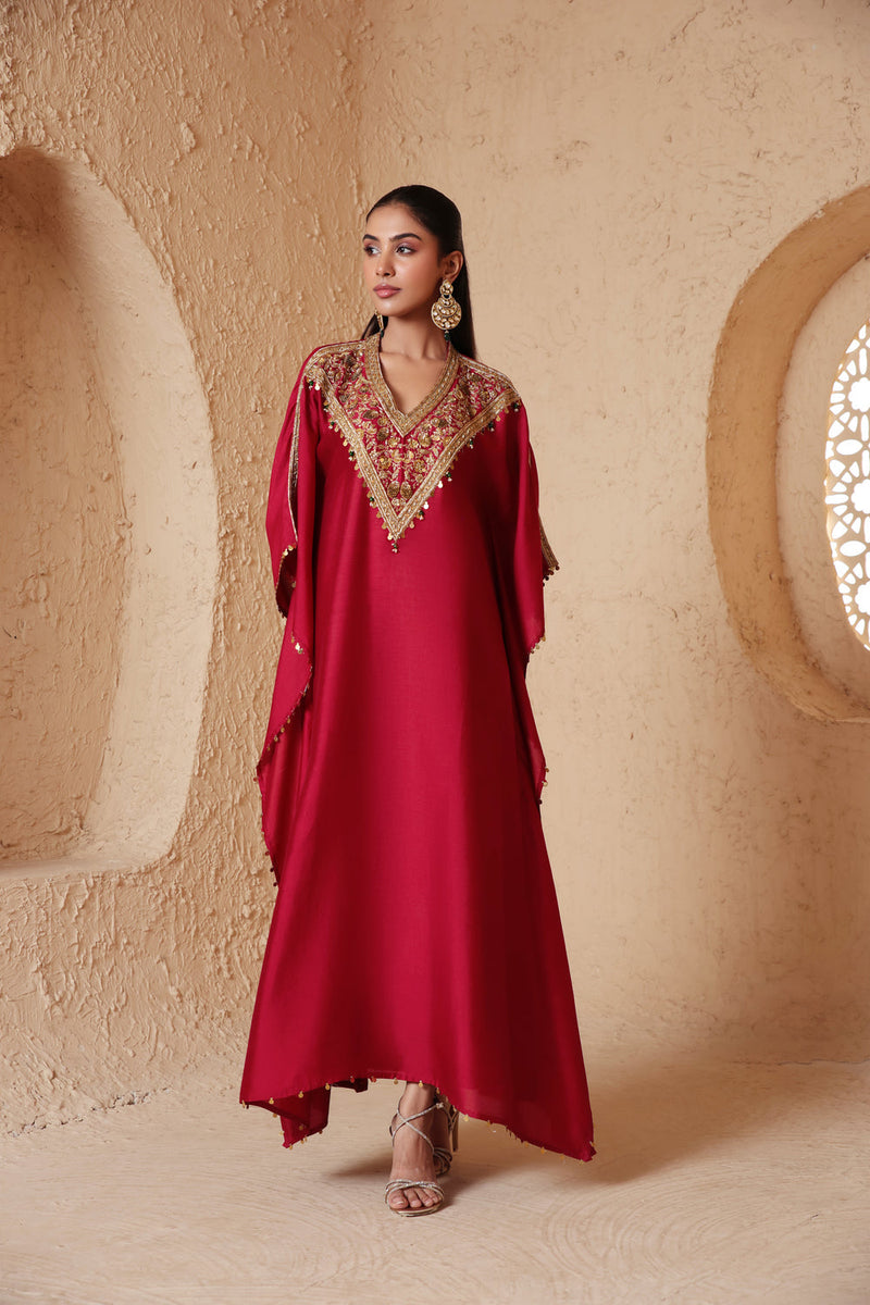 Zar-Rang Maroon V Neck Kaftan Set chiniya silk kurta/kurta set by Niti Bothra in maroon for women in Singapore