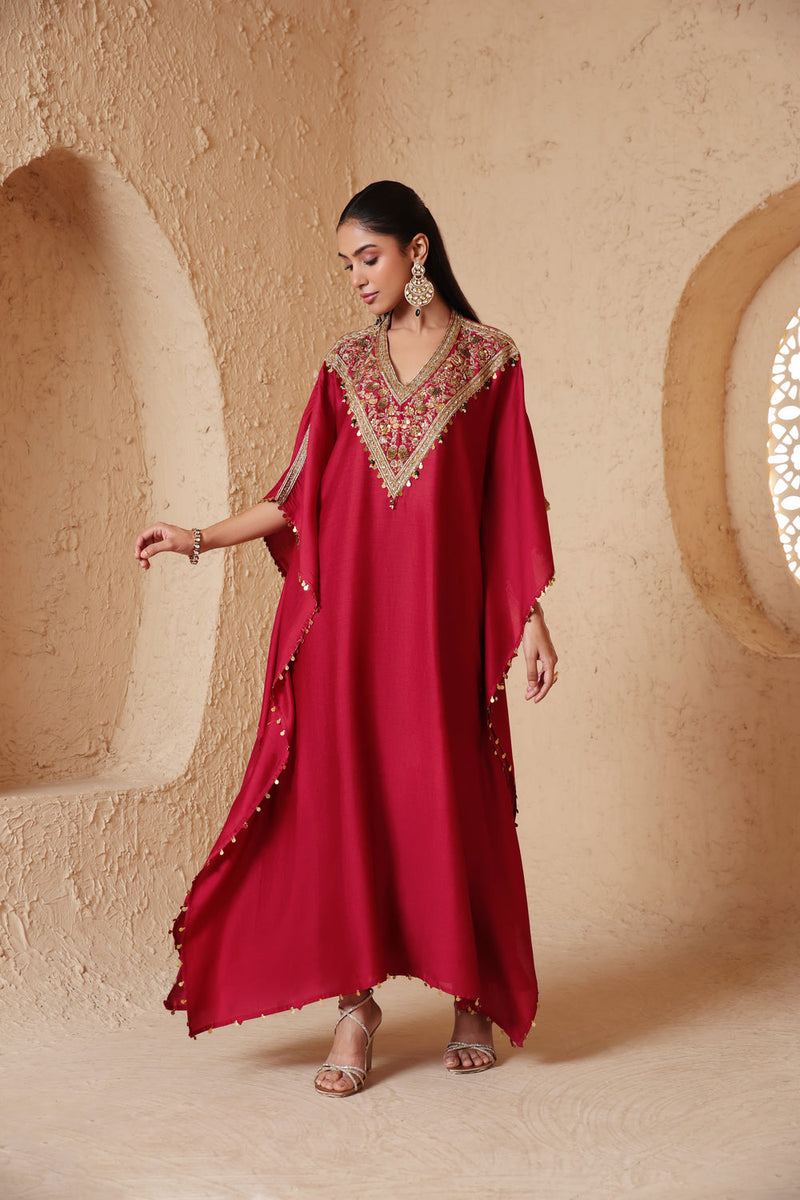 Zar-Rang Maroon V Neck Kaftan Set chiniya silk kurta/kurta set by Niti Bothra in maroon for women in Singapore