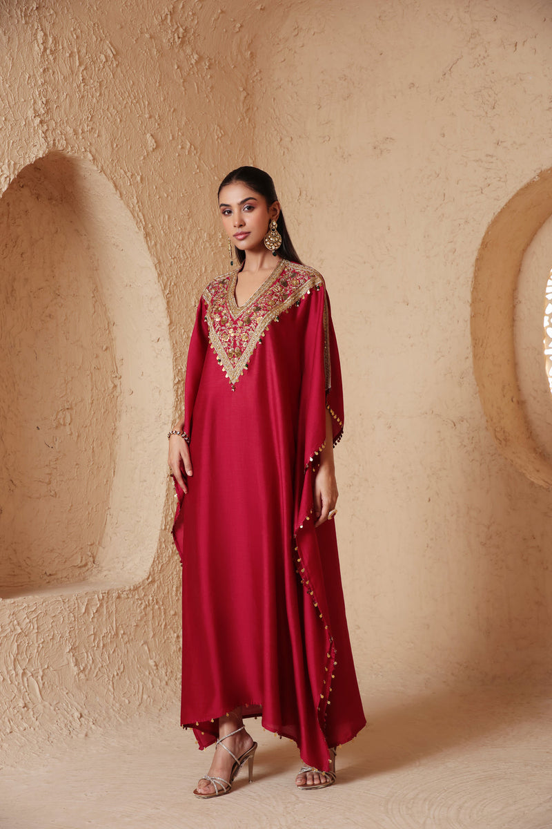 Zar-Rang Maroon V Neck Kaftan Set chiniya silk kurta/kurta set by Niti Bothra in maroon for women in Singapore