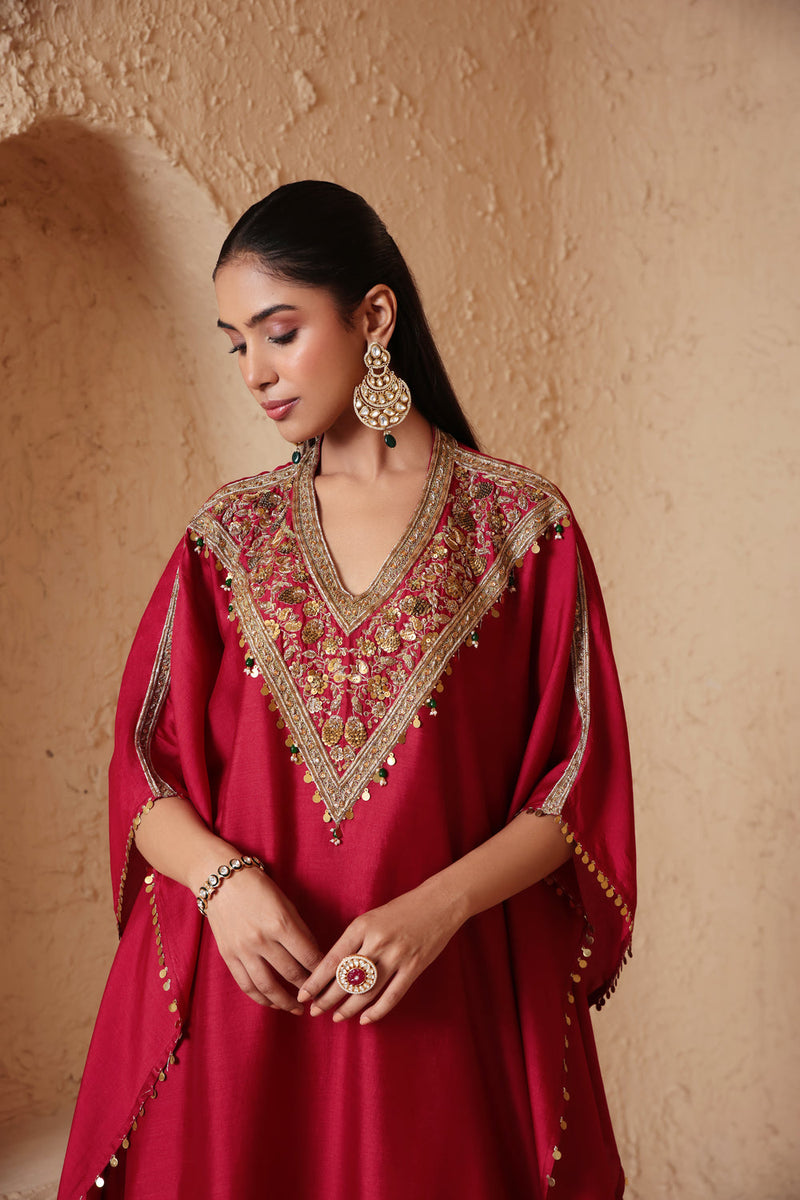 Zar-Rang Maroon V Neck Kaftan Set chiniya silk kurta/kurta set by Niti Bothra in maroon for women in Singapore