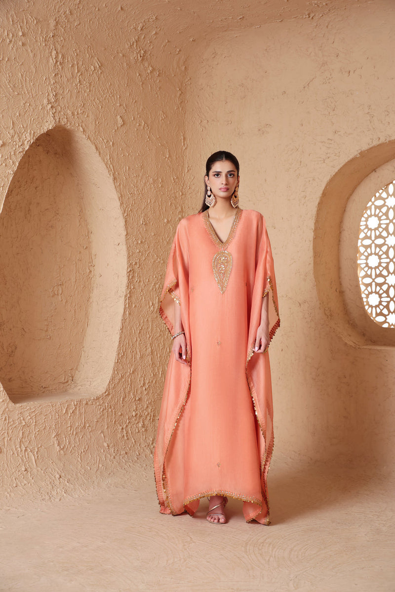 Mehrang Peach Kaftan Set organza kurta/kurta set by Niti Bothra in peach for women in Singapore