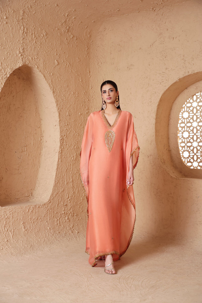 Mehrang Peach Kaftan Set organza kurta/kurta set by Niti Bothra in peach for women in Singapore